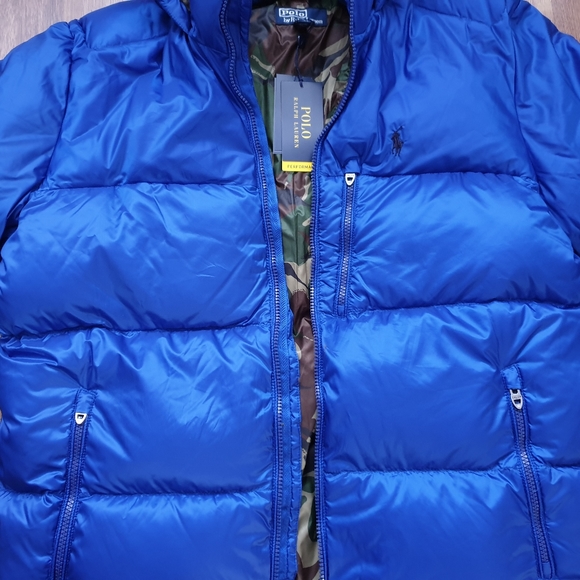 Polo Ralph Lauren Hooded Down Jacket Sportsmen 750 Fill Blue/Camo Sherpa Hood - Picture 2 of 7